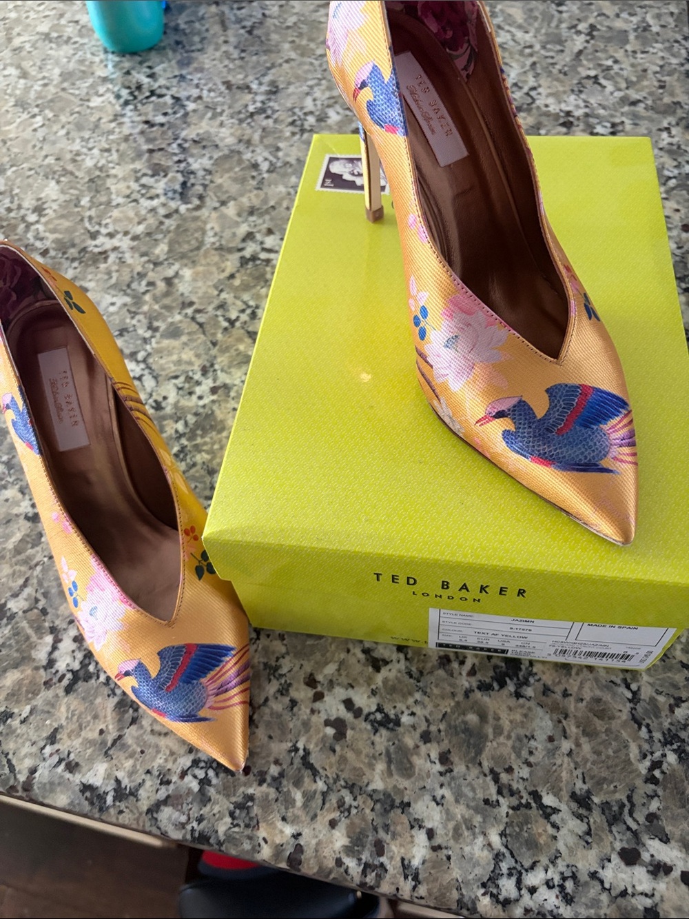 Ted Baker Yellow Satin Pointed-Toe Pumps with Blue & Pink Embroidered Bird Motif